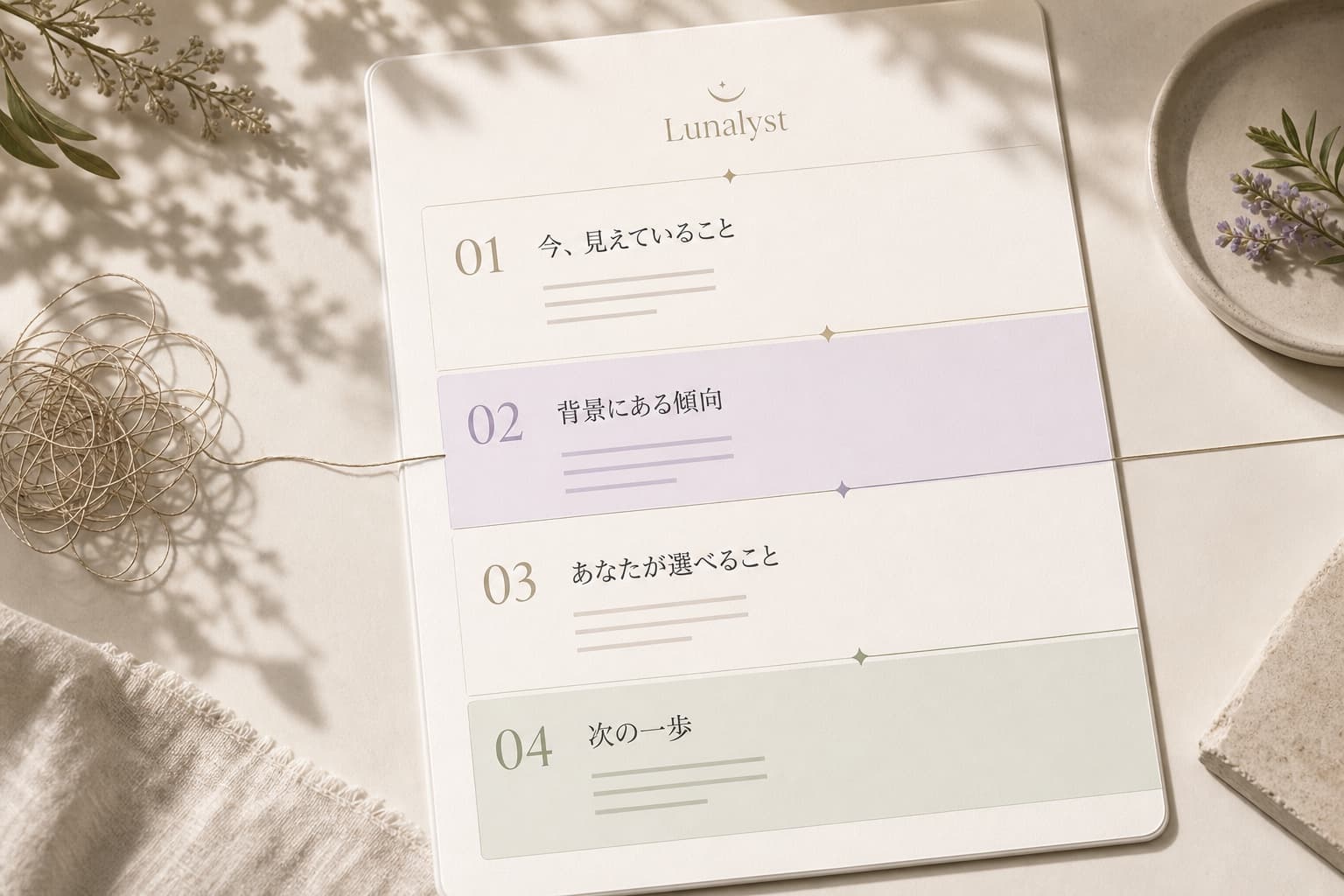 絡まった糸が複数の紙の層を通り、一本の道筋に整っていくイメージ